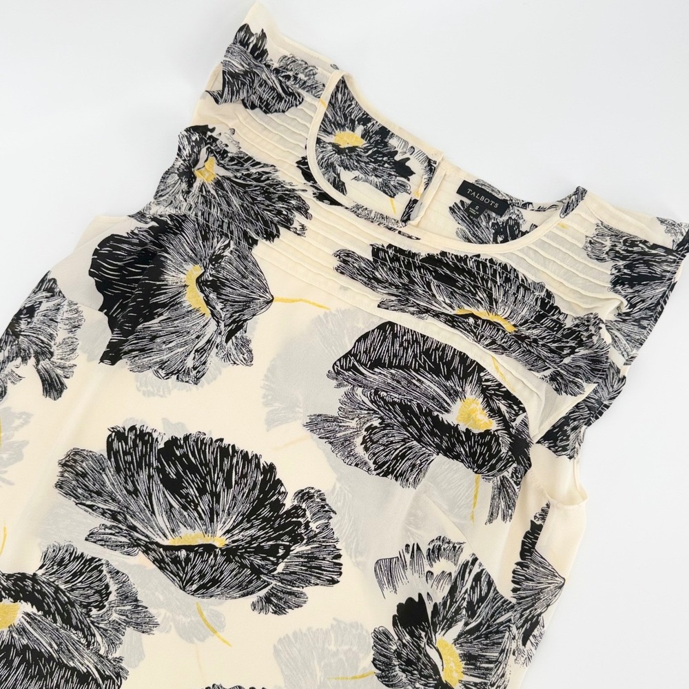 Talbots Sleeveless Floral Pintuck Flutter Sleeves Blouse Cream Black Size S